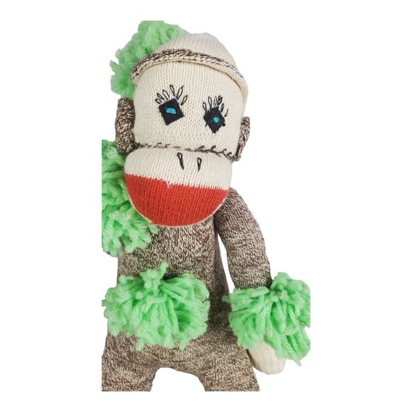Sock Monkey Plush Green Pom Poms Colorful Easter Spring Stuffed Toy 18" Fun - Picture 7 of 10